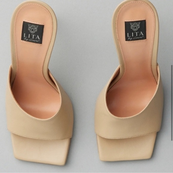 New LITA By CIARA Solid Square Toe Mule Slide Sandals in Sand Italian Leather - Picture 2 of 3